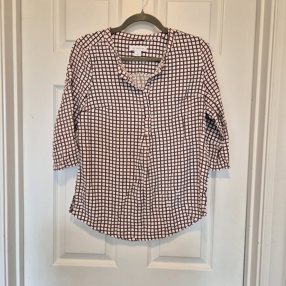 🌸B2G1 Free🌸Liz Claiborne Small Blouse 3/4 Sleeve Grid‎ Print V-Neck Career Top